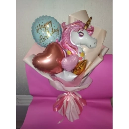 Букет Happy birthday единоріг рожеве