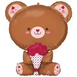Фольгована фігура Ведмедик з букетом червоних троянд